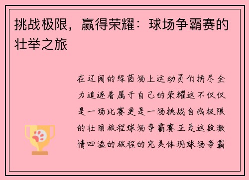 挑战极限，赢得荣耀：球场争霸赛的壮举之旅