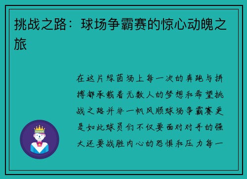 挑战之路：球场争霸赛的惊心动魄之旅